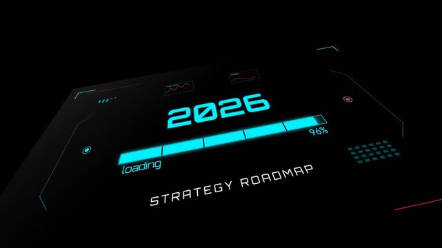 Digital loading bar interface with cyan glow segments and percentage counter progressing from year 2026 to 2027 roadmap completion for business.