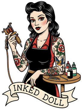 A retro pinup girl tattoo artist holding machine and ink sticker on transparent background showcases a beautiful inked doll in traditional old school style