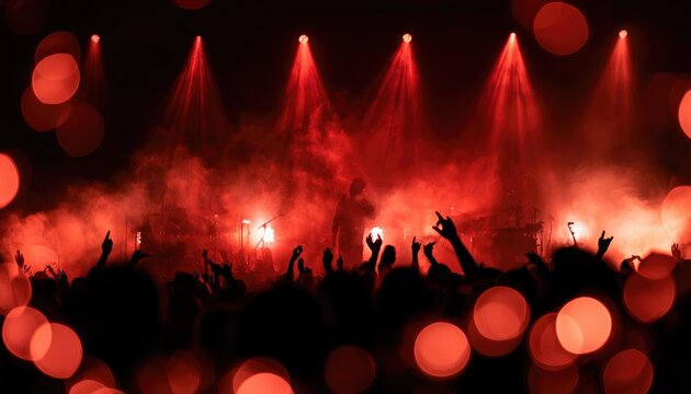 Exciting music concert crowd enjoying live performance under dramatic red stage lights.