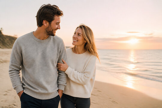A smiling couple stands on a beach at sunset, embracing and looking at each other.