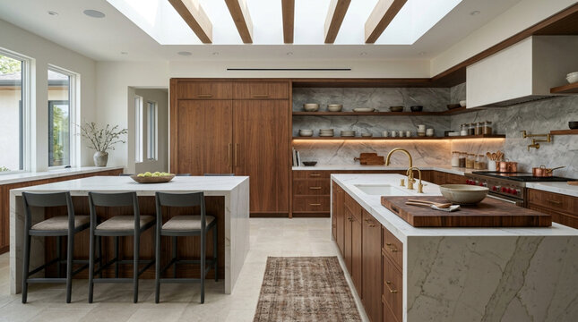 Modern Luxury Kitchen with Wood Cabinets, Marble Countertops, and Skylights