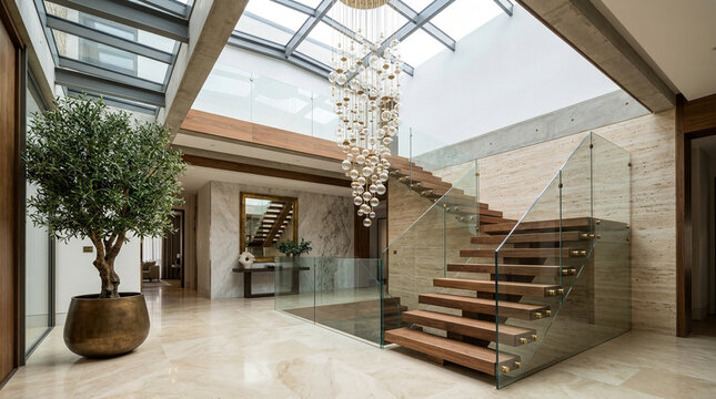 Modern luxury home interior, floating stairs, chandelier, atrium, green plant
