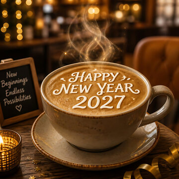 Happy New Year 2027 Coffee Cup with Festive Greeting on Wooden Table

Keywords (49):