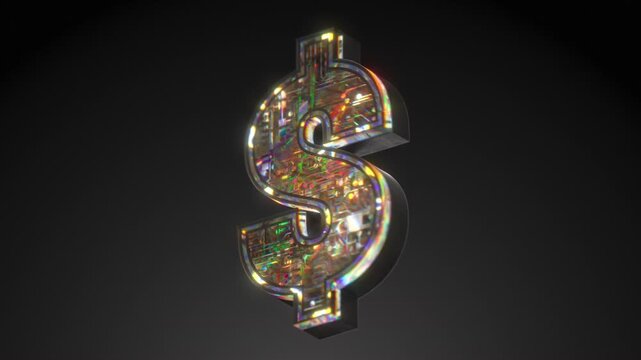 Seamless loop of 3D dollar sign made from chrome and iridescent microchip texture spinning on axis. Metallic circuit surface on black. Perfect for finance, business, and fintech design.