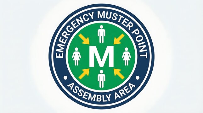 Emergency muster point sign with people icons and arrows indicating a safe assembly area for safety evacuation