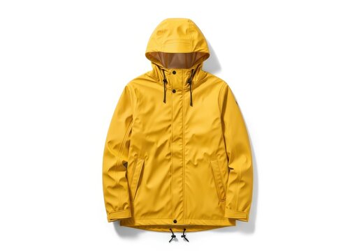 Bright Yellow Waterproof Hooded Raincoat Jacket Isolated on White Background for Outdoor and Rainy Weather Protection