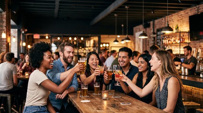 Diverse group of friends celebrating and toasting drinks at a bar
