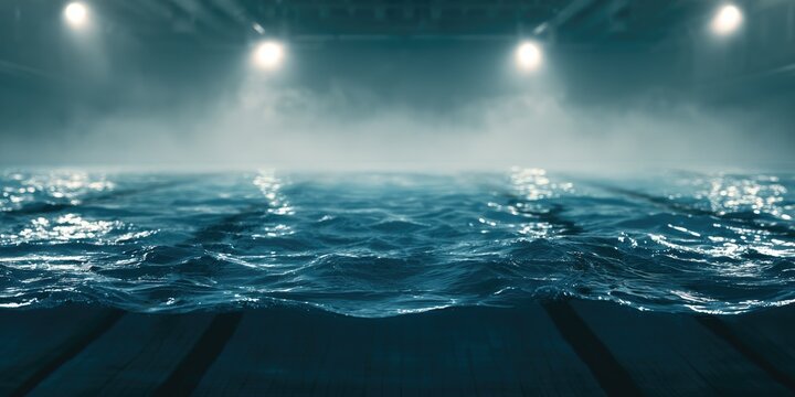 Dramatic Night Swimming Pool with Reflective Water Surface.