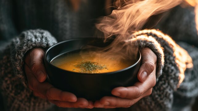 Person holding a steaming hot bowl of soup in a cozy sweater.
