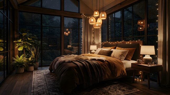 Cozy Modern Bedroom in Forest Cabin at Night with Warm Ambient Lighting