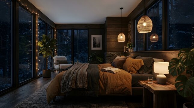 Cozy Modern Bedroom in Forest Cabin at Night with Warm Ambient Lighting