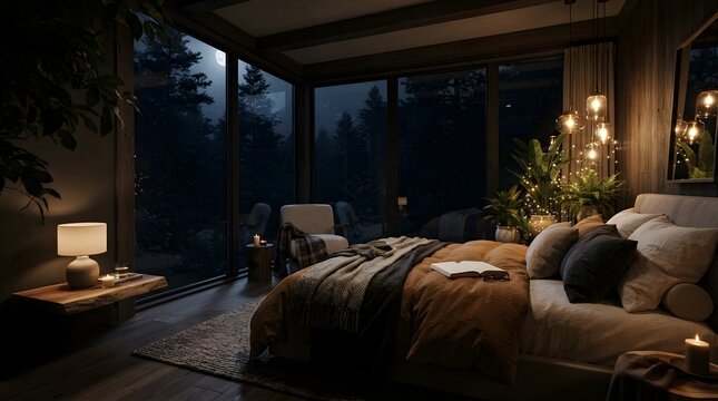 Cozy Modern Bedroom in Forest Cabin at Night with Warm Ambient Lighting