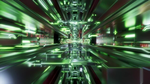 Bright green mirrored corridor reflects neon beams while the camera rockets forward; endless sci‑fi tech fly‑through. 3d render video.