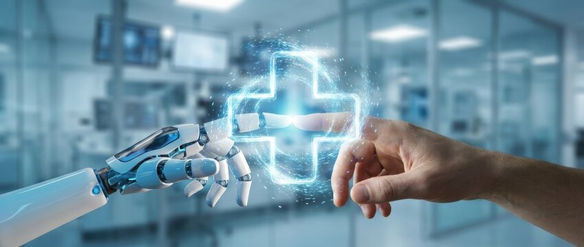 Innovative medical technology human hand touching robotic arm with digital health symbol in modern healthcare facility