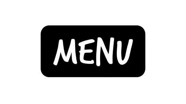 Black rectangular button with the word menu written in a simple hand drawn white font for website navigation