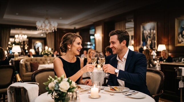 Couple toasting with champagne at elegant restaurant dinner date