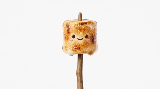 Cute roasted marshmallow character with a smiley face on a wooden stick isolated on white background 3D render