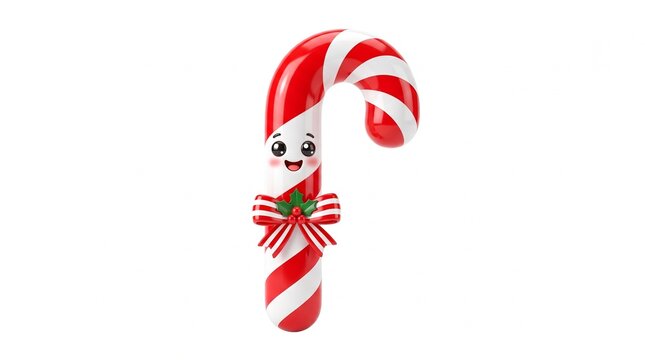Cute 3D Christmas candy cane character with red stripes and festive bow isolated on white background mascot
