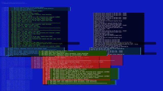 Computer terminal windows with scrolling command lines and intense chromatic glitch fragments for data breach simulation