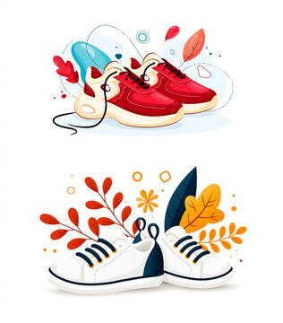 Sneakers and autumn leaves flat design on white background