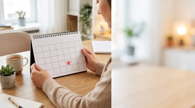 Woman marking a date on a desk calendar with a red star