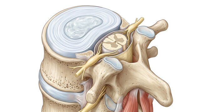 Anatomical cross section diagram of spinal cord and nerve tracts with neurology