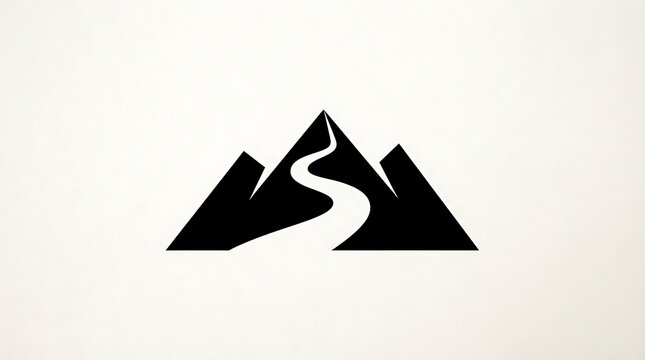 Minimalist black mountain icon with a winding path leading to the top peak for travel adventure and hiking logo