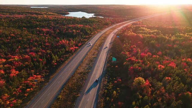 Aerial view of highway near Halifax in autumn season of Nova Scotia Canada