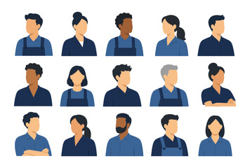 Fototapeta premium Set of diverse professional people avatars, workers and employees in blue uniforms