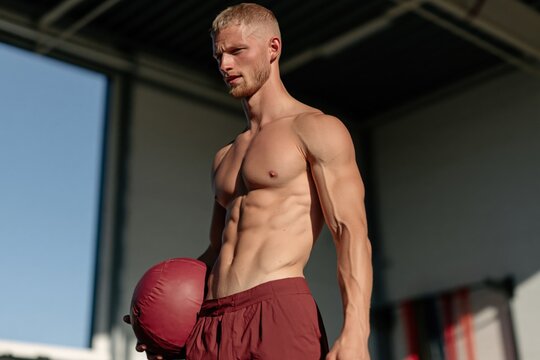 Shirtless athletic man holding red medicine ball in outdoor gym for bodybuilding banner and strength training