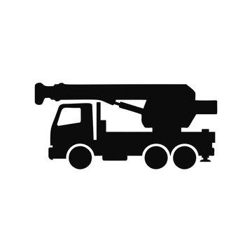 Black silhouette of a concrete pump truck construction vehicle on a white background