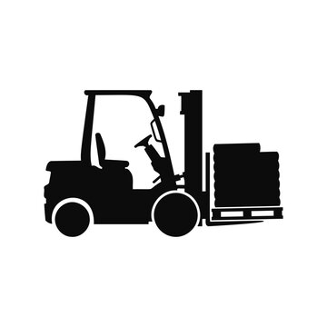 Industrial forklift truck lifting a pallet with heavy bags silhouette illustration