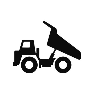 Black silhouette of a dump truck with raised tipper bed on white background