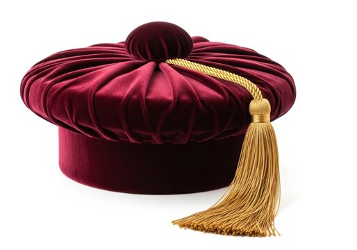 Elegant Red Velvet Academic PhD Graduation Cap with Gold Tassel Isolated on White Background for University Ceremony