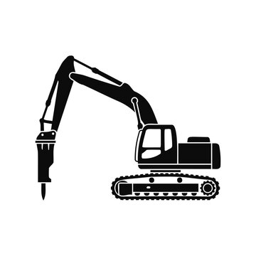 Excavator with hydraulic breaker attachment silhouette icon for construction and demolition work