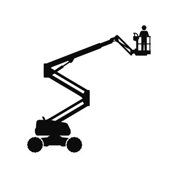 Silhouette of worker operating articulated boom lift aerial work platform on white background