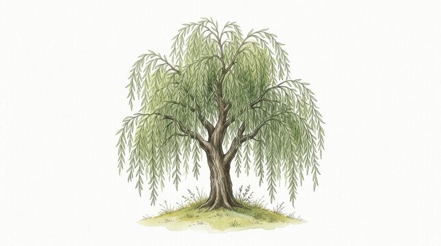 Beautiful Watercolor Illustration of a Weeping Willow Tree Standing Alone on a Grassy Knoll Isolated on a Clean White Background for Botanical Design