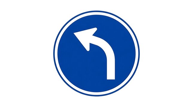 Blue circular traffic sign with white arrow pointing to the left indicating mandatory turn direction for drivers