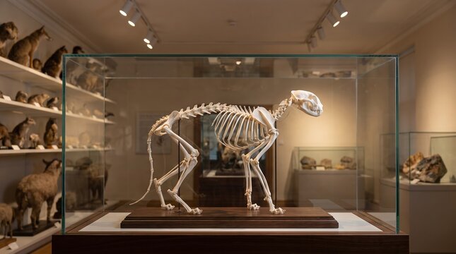 Cat skeleton displayed in natural history museum glass case
