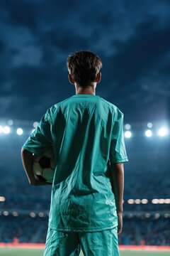 Young soccer player in stadium at night holding a ball for vertical sports background poster and banner design for youth team promotion