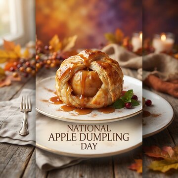 National apple dumpling day celebration with a delicious pastry dessert on a rustic wooden table with autumn decorations and a fork