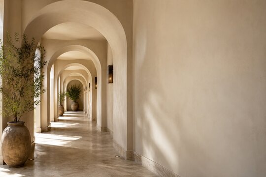 Calm hotel corridor with rhythmic arches