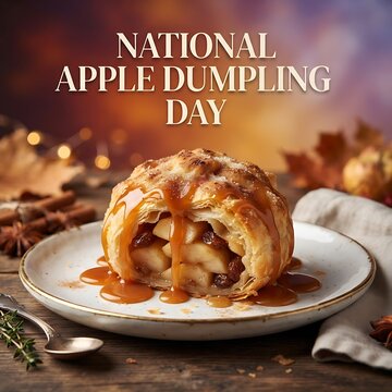 National apple dumpling day celebration with a delicious baked apple pastry topped with caramel sauce, served on a rustic plate on a wooden table