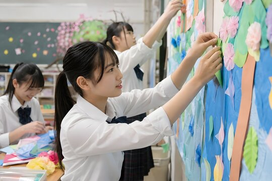 文化祭に向けて壁面作品を飾る学生の手元素材