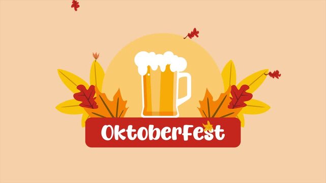 Oktoberfest celebration with beer and leaves. Autumn Cozy life, Farming, Oktober fest concept. Full length Icon animation illustration. High quality&nbsp;4k&nbsp;footage