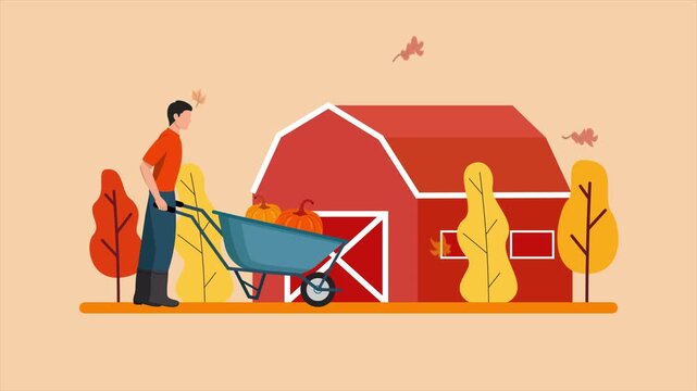 Farmers harvesting crops during autumn season. Autumn Cozy life, Farming, Oktober fest concept. Full length Icon animation illustration. High quality&nbsp;4k&nbsp;footage