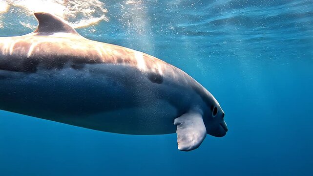 A close underwater shot of a playful dolphin swimming gracefully in the deep blue ocean near the water surface