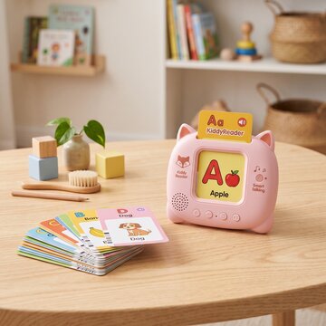 Educational toy reader sits on a wooden table next to colorful flashcards inside a modern living room.