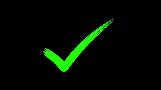 Green check mark true animation. Hand drawn brush stroke approval symbol on black background for success, confirmation, validation and completion.