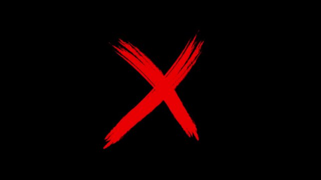 Red wrong mark animation. Hand drawn brush stroke X symbol on black background for error, rejection, cancellation, incorrect status and warning.